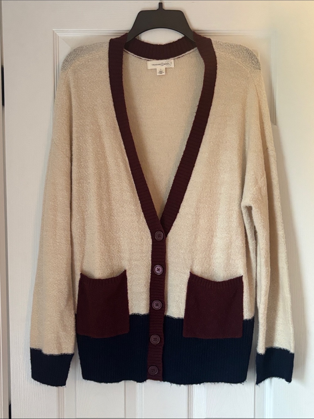 Treasure & Bond Cream Cardigan with Burgundy Trim and Navy Hem
